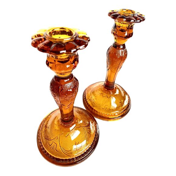Vtg CandleSticks Tiara Amber Indiana Glass Sandwich1940 8.5"candle holder set 2 - Picture 16 of 16